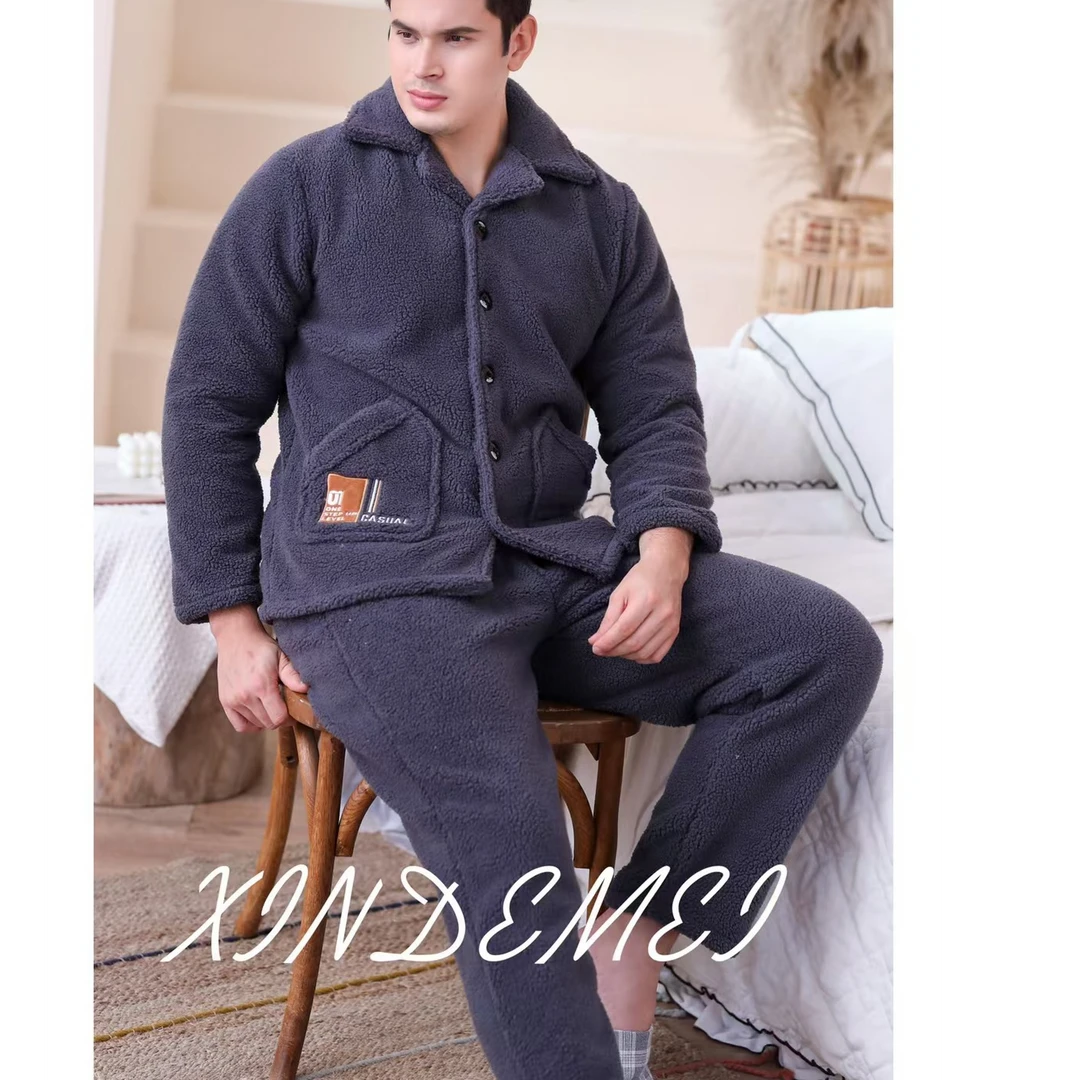男士颗粒复合绒睡衣秋冬款加厚加绒保暖开衫家居服套装21639