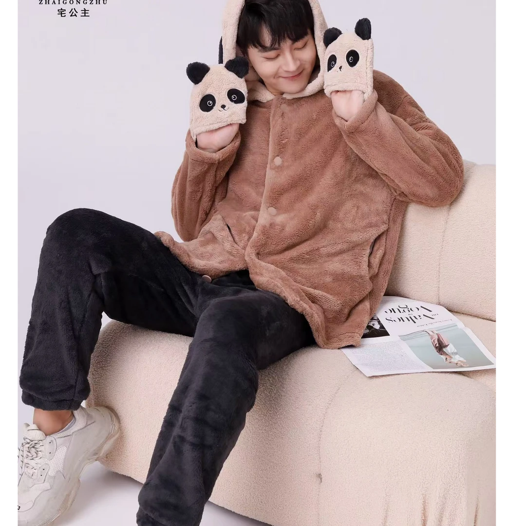 男士北极绒睡衣秋冬款大码保暖开衫家居服套装18209