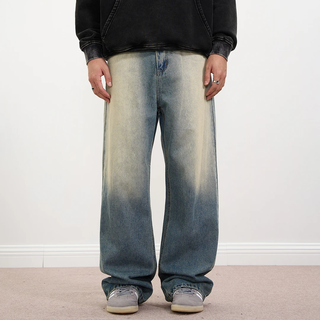 T2TOXIN简约宽松直筒水洗蓝色牛仔裤男美式复古休闲渐变做旧裤子