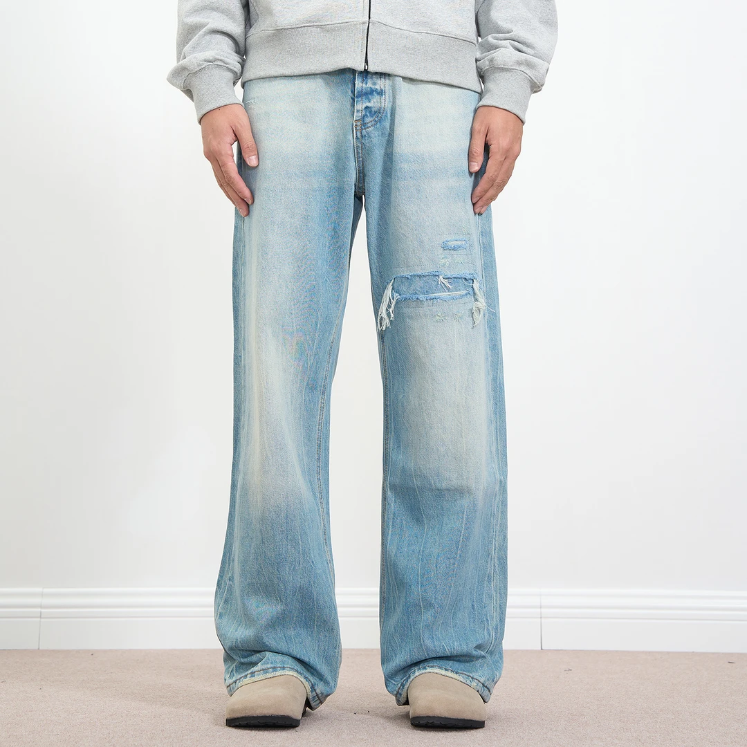 T2TOXIN新款美式复古冰蓝色直筒牛仔裤vintage水洗磨损宽松裤子