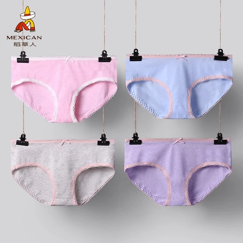 稻草人4条装纯棉女士内裤三角裤印花蕾丝花边透气底裤95%棉82802