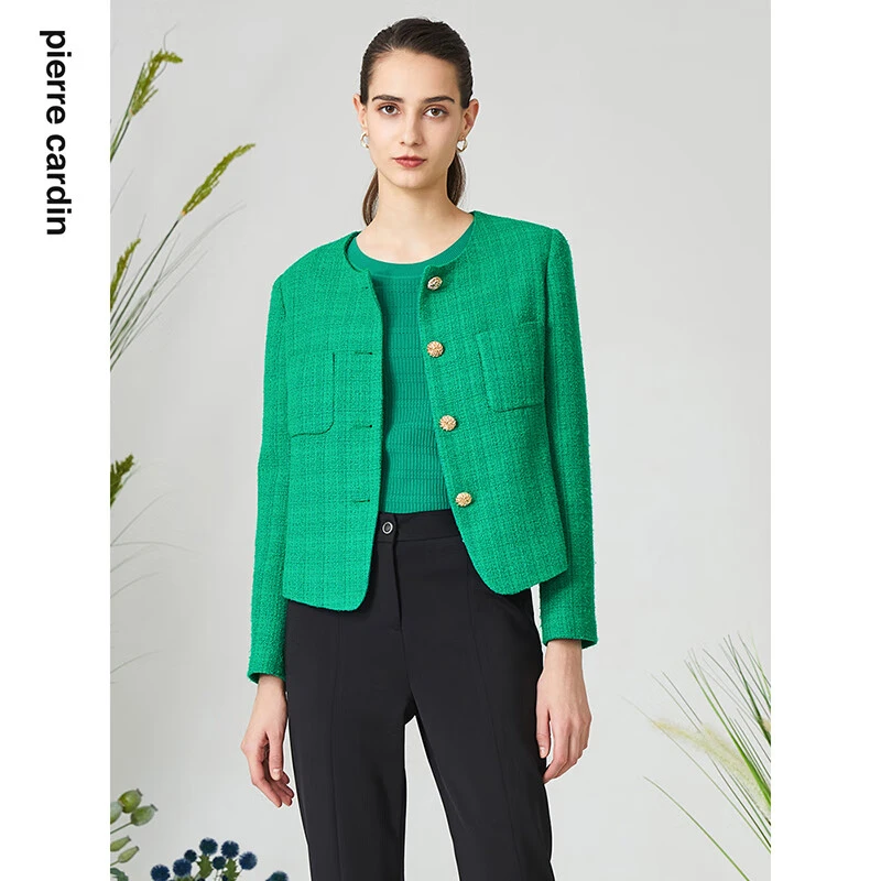 [皮尔卡丹女装]短外套绿色年轻时尚圆领通勤长袖外套女
