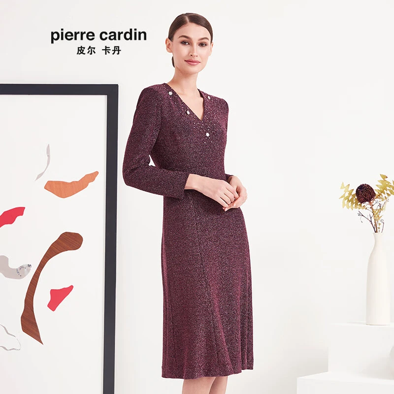 皮尔卡丹女专柜正品秋季长袖紫红色连衣裙时尚V领A字裙