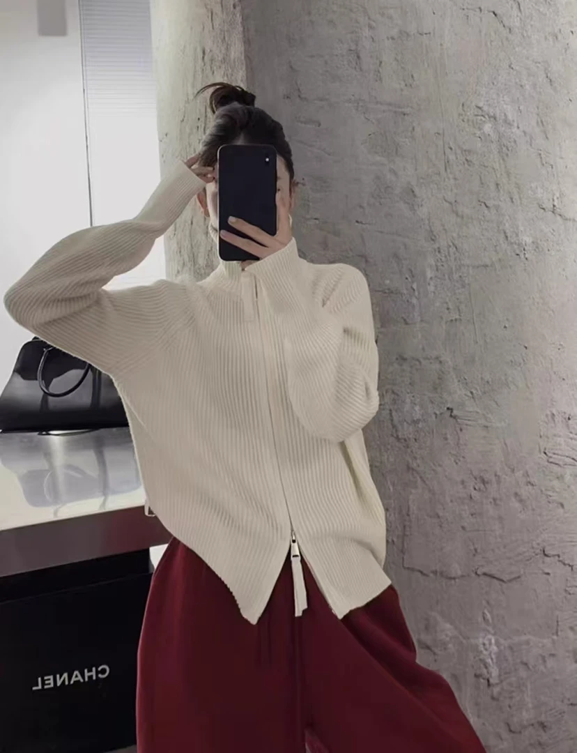 「立领双拉链」POLO领拉链厚实重磅百搭宽松保暖针织开衫毛衣外套