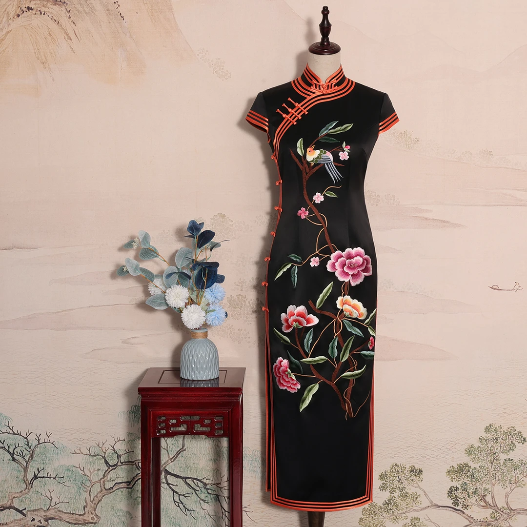 YUANZUEN/袁尊黑色中国风旗袍桑蚕丝手推绣 复古 走秀 气质 优雅