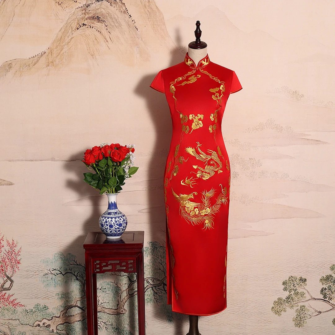 YUANZUEN/袁尊中国风大红色 桑蚕丝手推绣旗袍气质 龙凤呈祥 高端