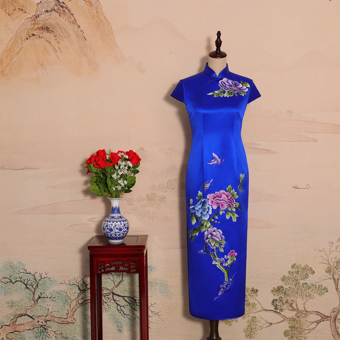 YUANZUEN/袁尊宝蓝色桑蚕丝 手工 手推绣旗袍 吉祥幸福 气质 优雅