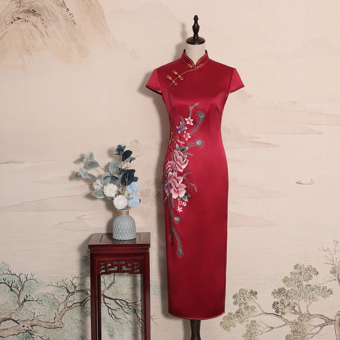 YUANZUEN/袁尊酒红色桑蚕丝手推绣显瘦婚宴刺绣妈妈气质高端礼服
