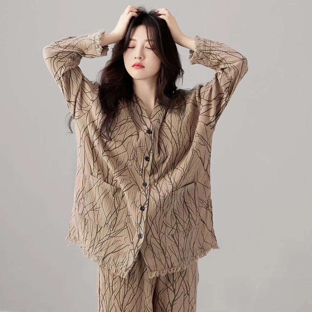 睡衣女春秋款纯棉纱长袖长裤国风复古条纹流苏边家居服套装可外穿