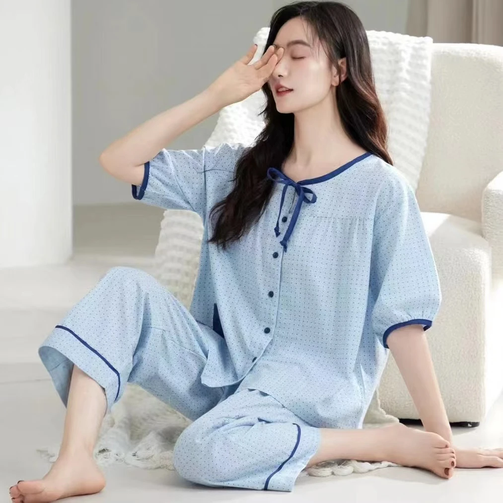 全棉薄款睡衣女套装夏季短袖七分裤新款简约宽松大码家居服
