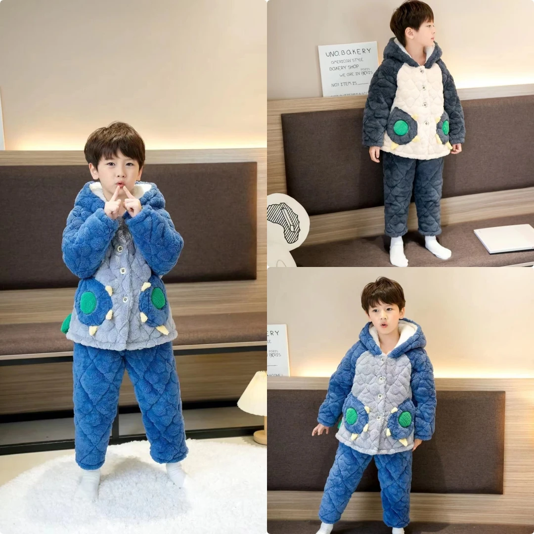 儿童厚睡衣三层加绒加厚保暖冬款宝宝家居服套装法兰绒男童女童装