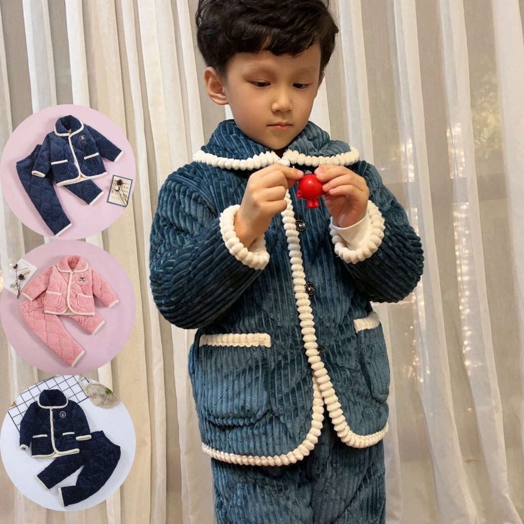 儿童睡衣法兰绒宝宝家居服三层夹棉加厚加绒保暖珊瑚绒男童女童装