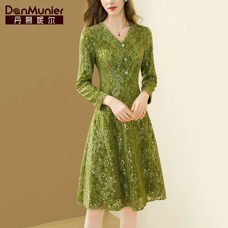 丹慕妮尔绿色高端精致法式蕾丝连衣裙女秋季新款气质收腰显瘦裙子
