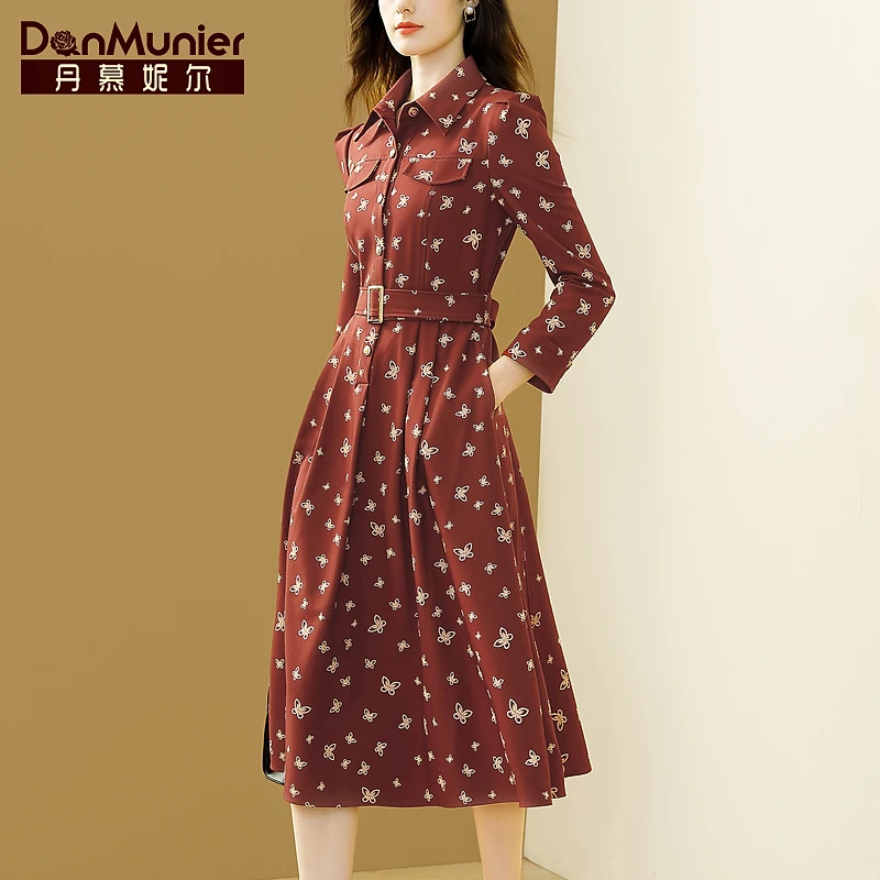 丹慕妮尔砖红色通勤碎花衬衫连衣裙女2024秋季新款气质收腰中长裙