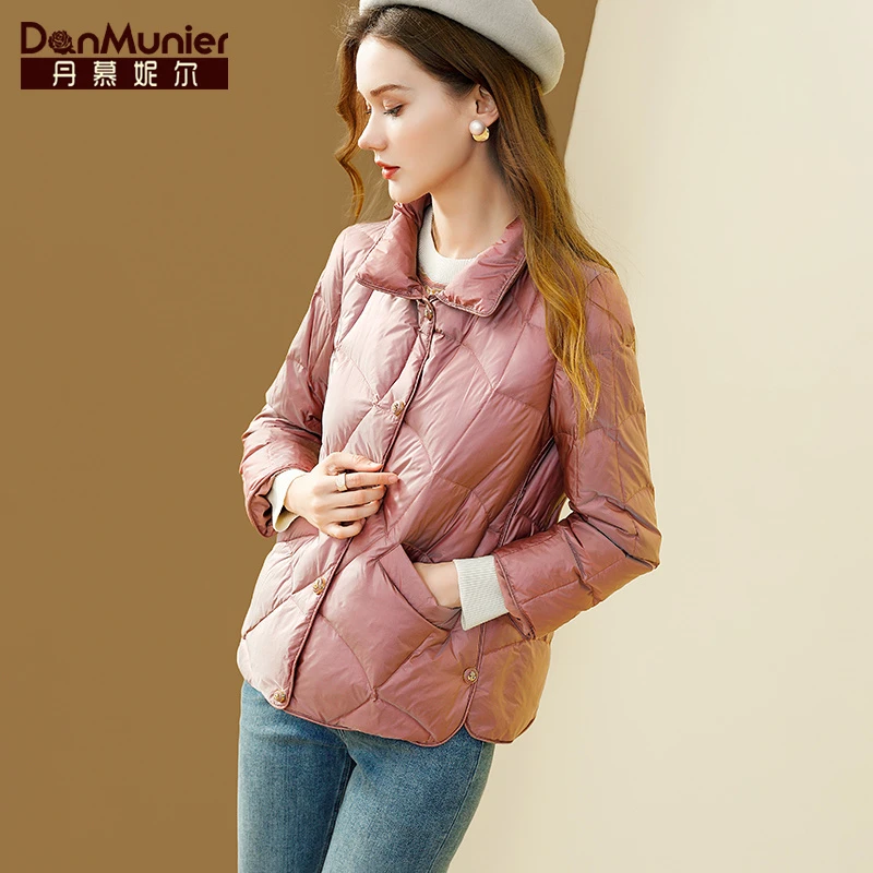 丹慕妮尔时尚轻奢粉色羽绒服2023新款菱格白鸭绒气质短款外套