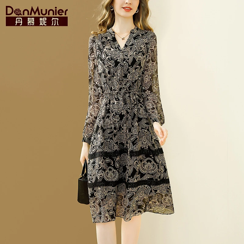 丹慕妮尔2024春季新款法式复古v领印花气质洋气松紧腰中长裙