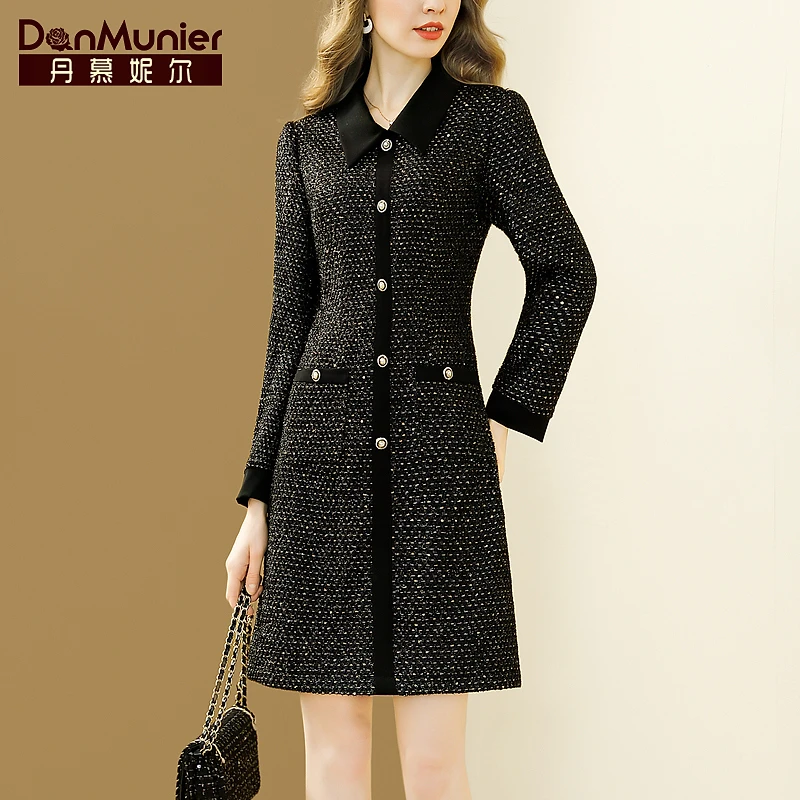 丹慕妮尔黑色法式秋冬连衣裙女2023新款长袖气质粗花呢收腰裙子