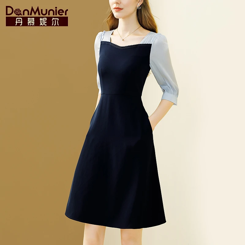 丹慕妮尔通勤休闲时尚拼接连衣裙女2024春秋新款气质收腰a字裙