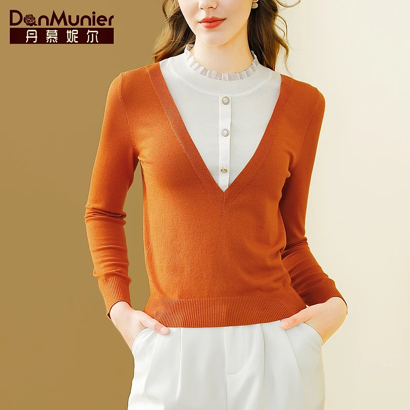 丹慕妮尔时尚洋气撞色假两件针织衫女2024春秋新款气质打底上衣