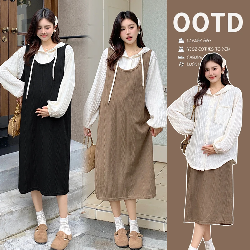 孕妇装2025秋季新款宽松连帽衬衫背心连衣裙潮妈慵懒风显瘦两件套