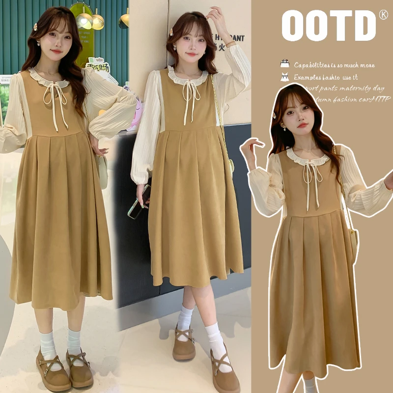 孕妇装2025秋装新款时尚气质中长款假两件甜美宽松少女感孕妇裙子