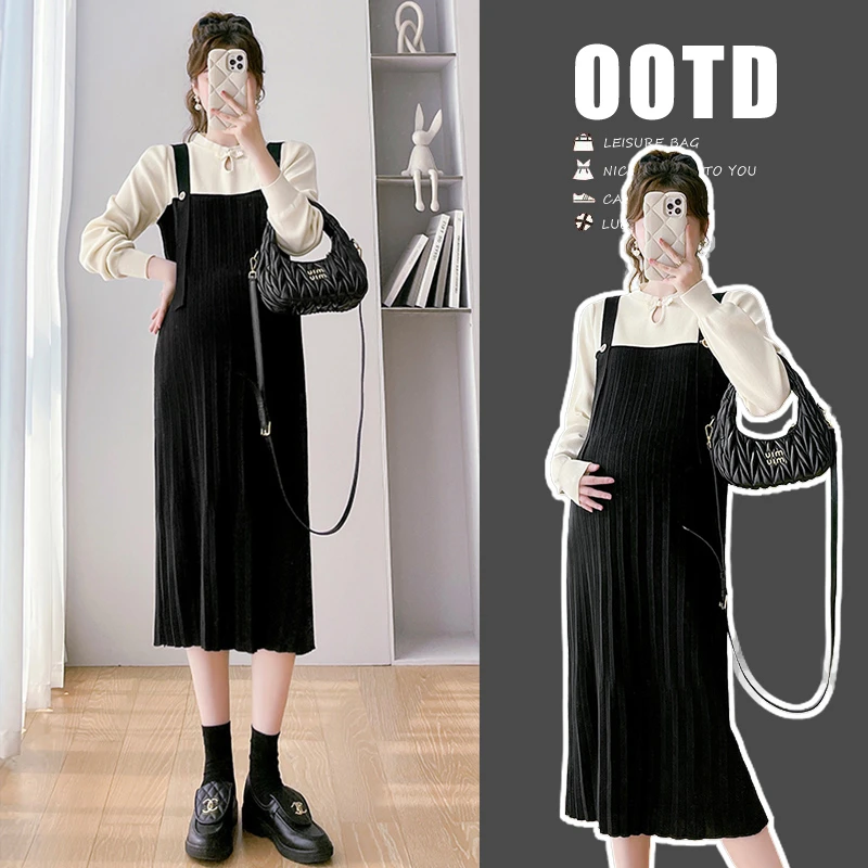 孕妇装秋季新款韩版时尚百褶宽松百搭中长款假两件孕妇针织连衣裙