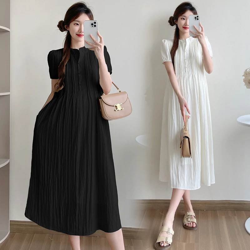 孕妇夏装新款法式时尚宽松显瘦设计感压褶气质简约大码孕妇连衣裙