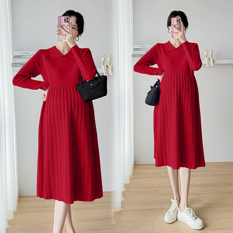 孕妇连衣裙春秋新款本命年红色内搭毛衣裙百搭中长款冬季针织裙子