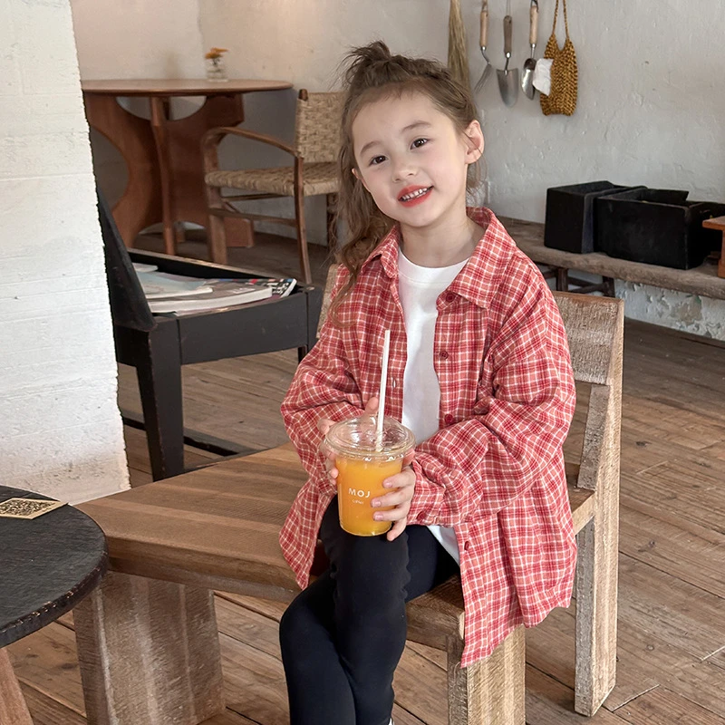 【现货清】儿童百搭翻领衬衣韩范休闲格子衬衫薄款外套 24X154