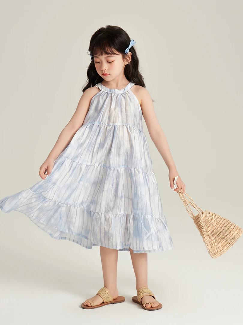 福袋童韩版洋气荷叶扎染吊带裙T110尺码