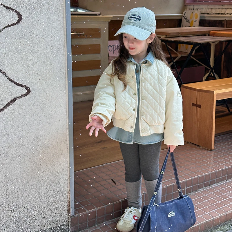 【现货夹棉】女童冬洋气短款棉衣儿童韩贴标菱格棉服外套24Z049