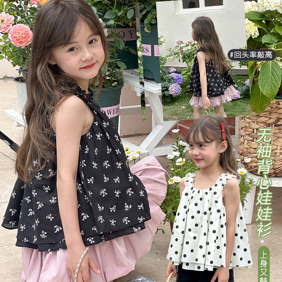 【夏款新品】女童花边吊带娃娃衫设计感无袖背心衬衫上衣 24T116
