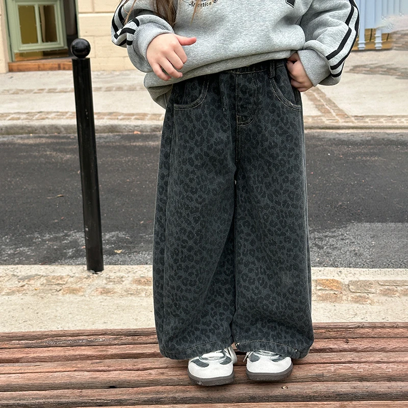 【加绒现货】冬款女童复合奥粒绒时髦百搭满印豹纹牛仔裤 24Z027