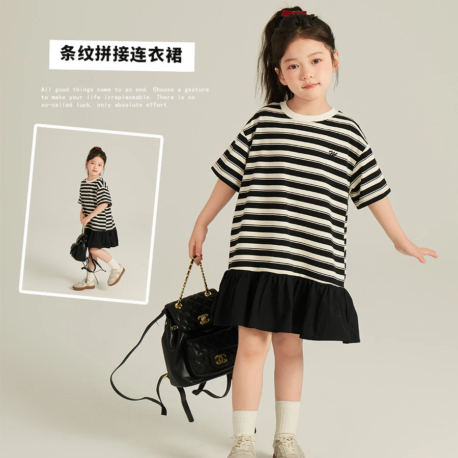 【云夕小鹿】女童条纹拼接连衣裙 24U151