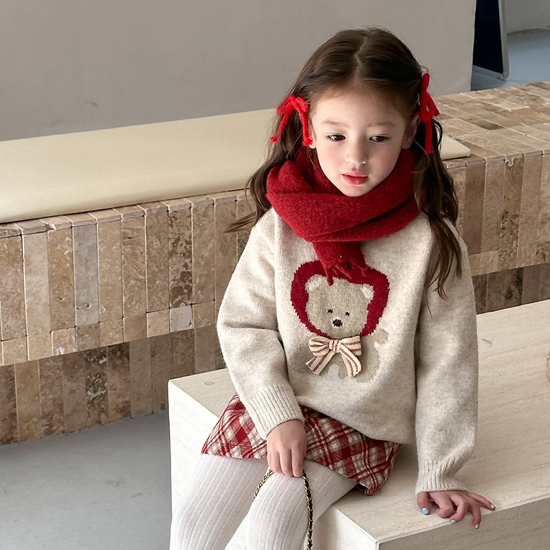 【圣诞年款】冬女童可爱立体蝴蝶结针织小熊毛衣 24A175