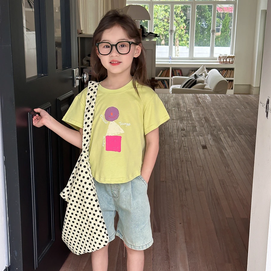 【新款现货】女童几何图案短袖儿童摆弧设计感半袖精棉T恤24V044