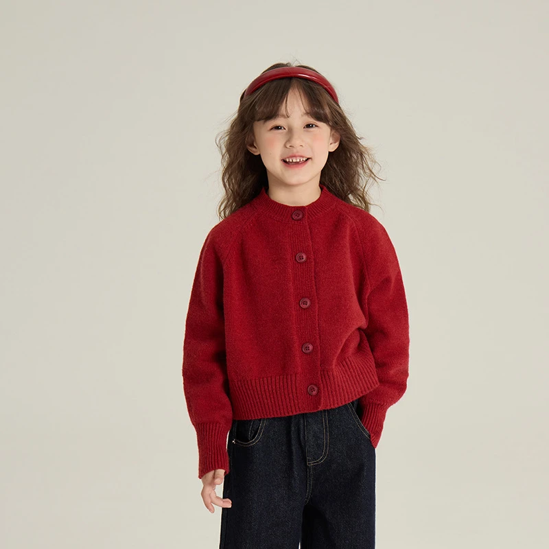 【现货加厚】女童红色针织开衫冬新装软糯厚实毛衣外套24Z185