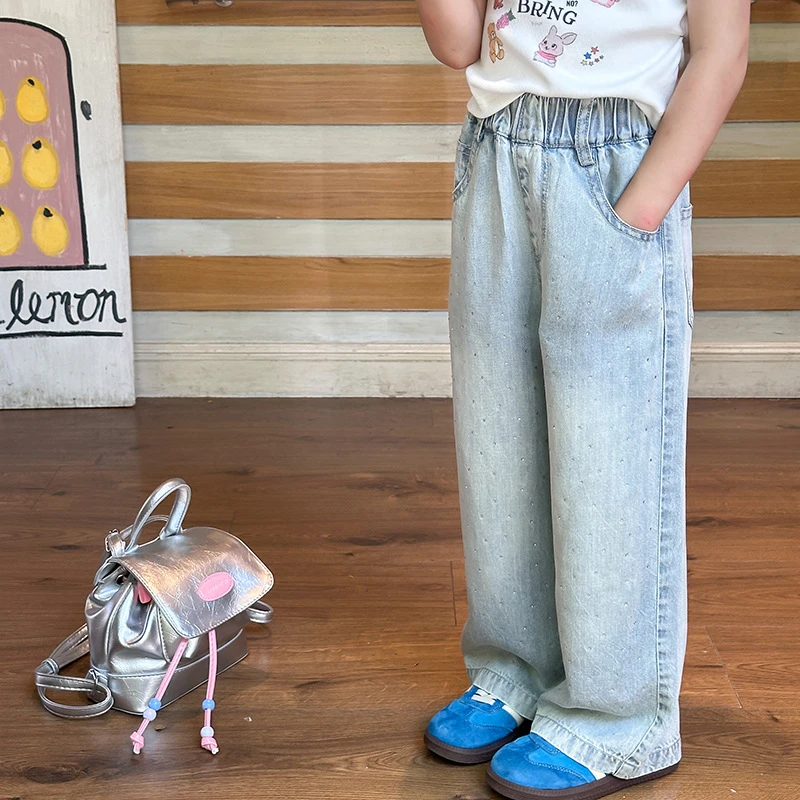 【现货】儿童莱赛尔天丝透气凉感薄牛仔裤亮晶晶直筒裤 24V019