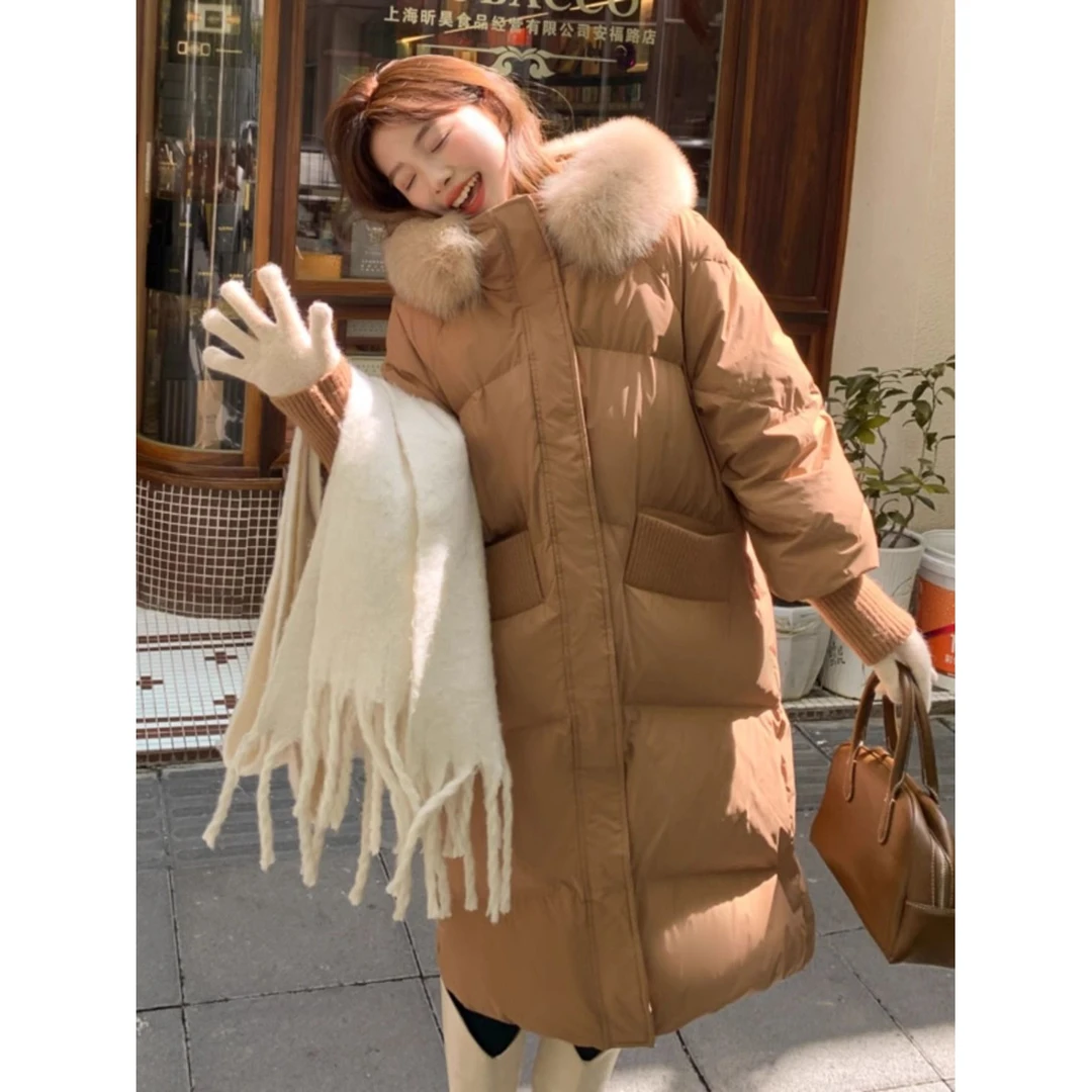 波司澄新款羽绒服女中长款过膝狐狸大毛领韩版加厚宽松白鸭绒外套