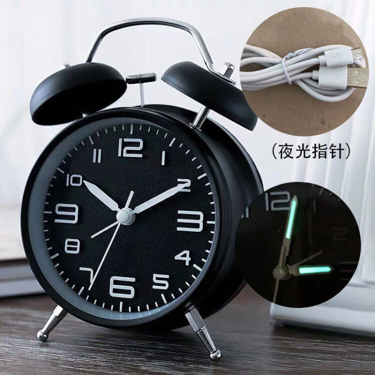 创意可爱学生闹钟夜灯打铃超大铃声金属闹钟韩版床头闹钟学生
