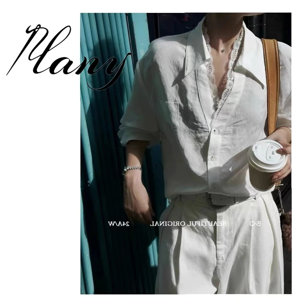 都市漫步蕾丝镶边筋骨衬衫