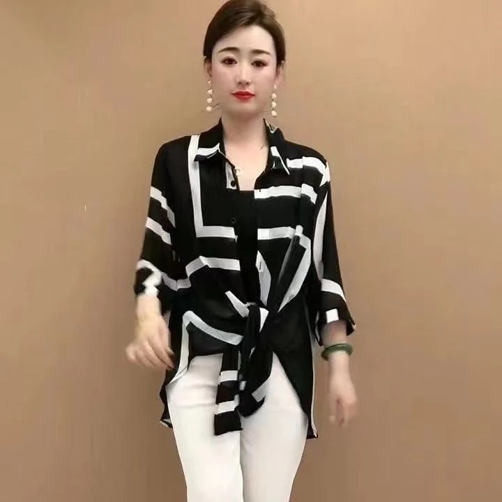 高档中长款衬衣女2025夏季新款时尚韩版遮肉七分袖雪纺衫防晒上衣