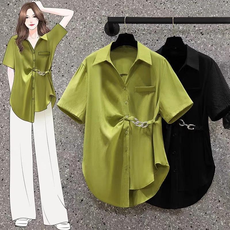 大码女装设计感时尚显瘦百搭衬衫2025新款夏季胖妹妹遮肉减龄衬衣