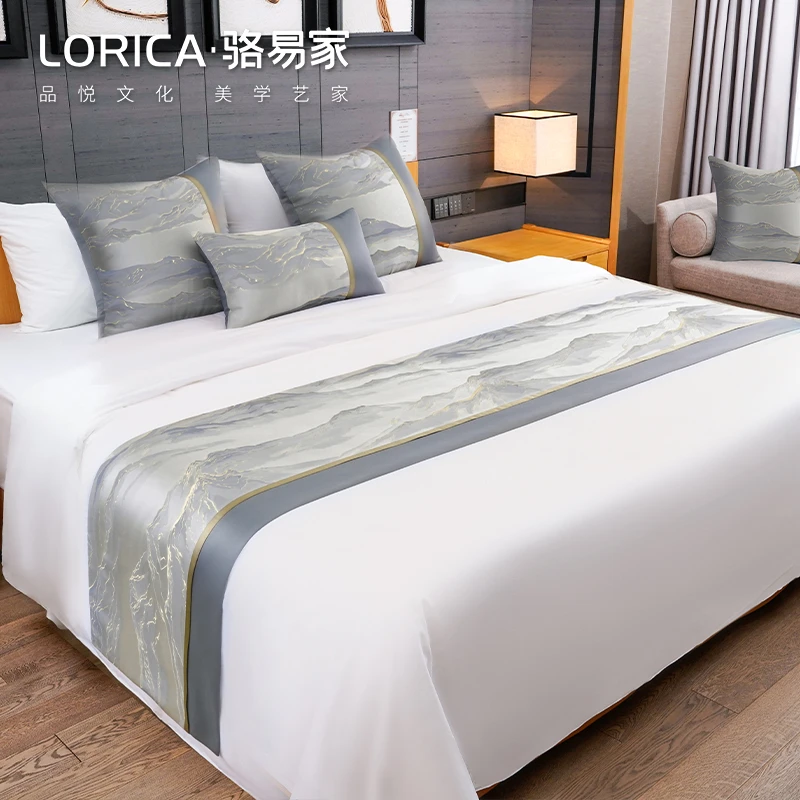 骆易家【江山如画】中式床旗床尾巾酒店专用高端宾馆民宿搭巾床盖