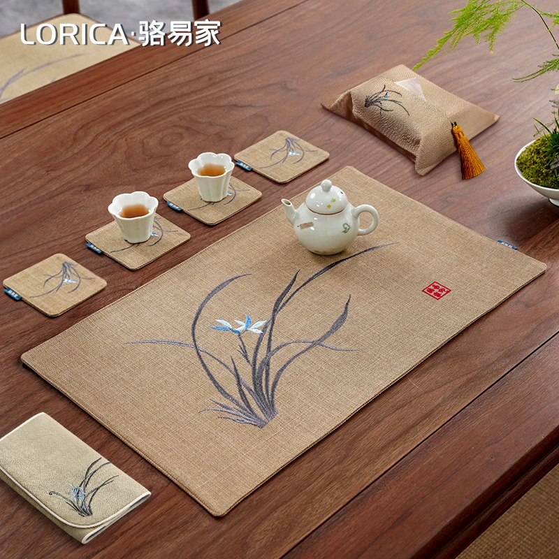 骆易家【蕙质兰心】新中式茶席茶杯垫刺绣布艺茶盘隔热垫茶桌垫桌旗