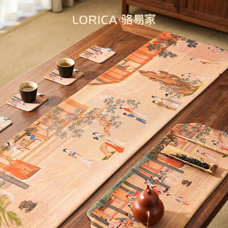 骆易家【汉宫春晓图套装】桌旗+茶席+茶杯垫*4茶空间新中式六件套装