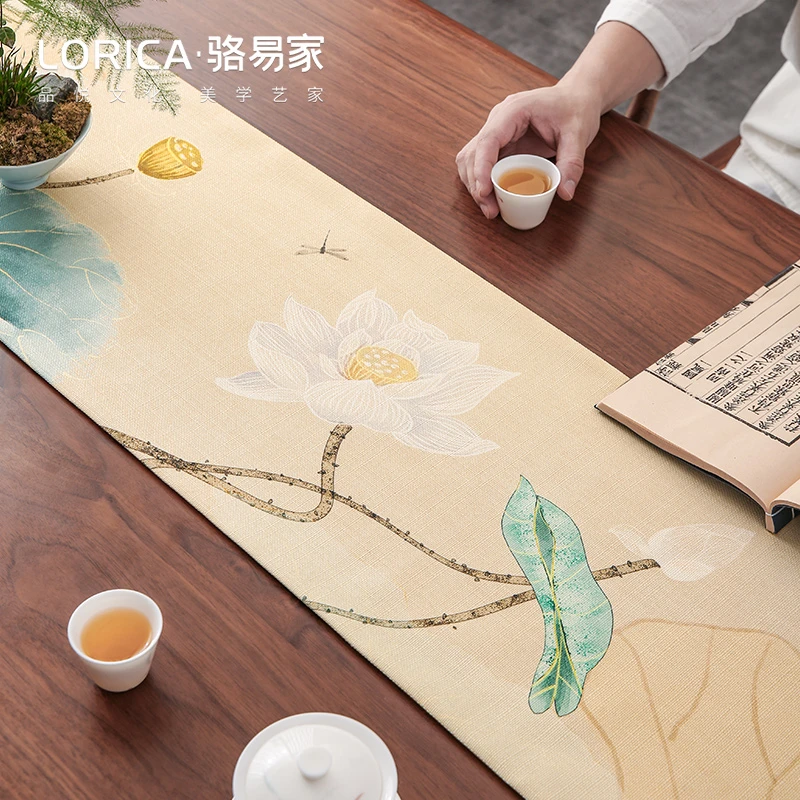 骆易家【荷花韵】桌旗新中式防水经典垫禅意茶布茶旗茶台茶桌垫布