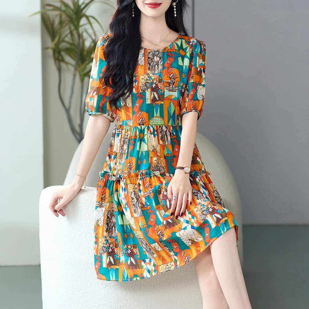69472 小个子真丝连衣裙大牌夏季新款女桑蚕丝遮肚子显瘦大码裙