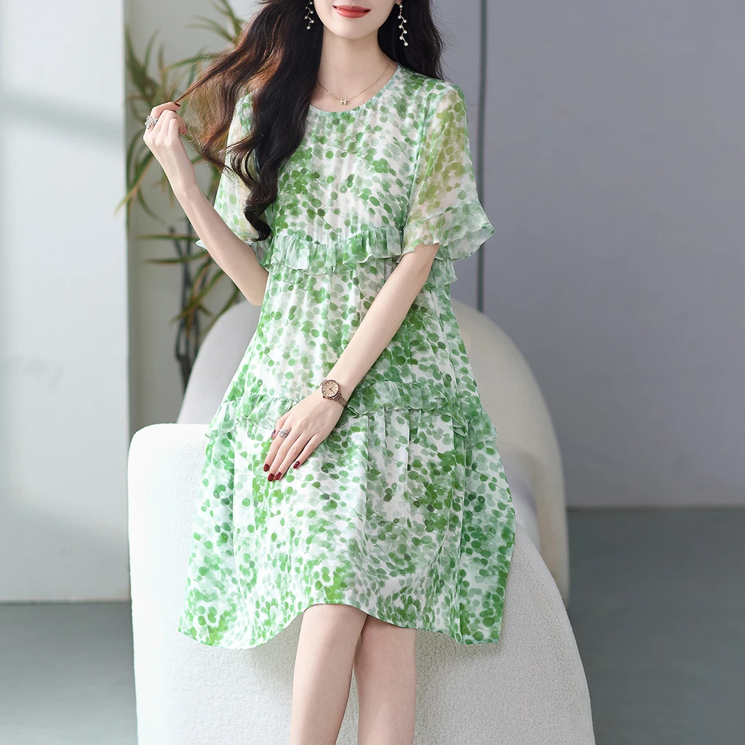 69500小个子真丝连衣裙裙子女遮肚子显瘦显高桑蚕丝短裙夏新