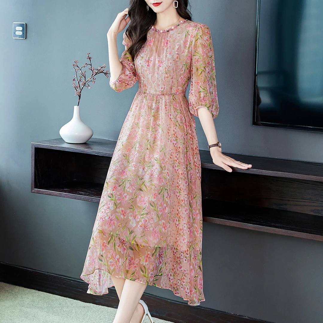 48823 新款真丝长裙钉珠桑蚕丝碎花连衣裙夏季女